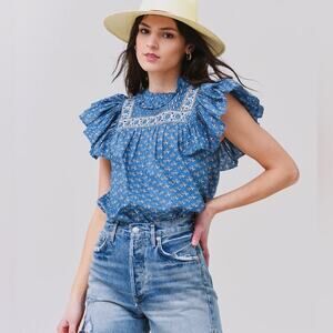 NEW SEA Fernanda Tank Womens XS Blue Flutter Sleeves Ruffle Neck Chic Blouse